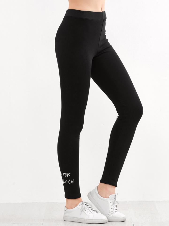 Shein Black Letter Embroidered Elastic Waist Leggings
