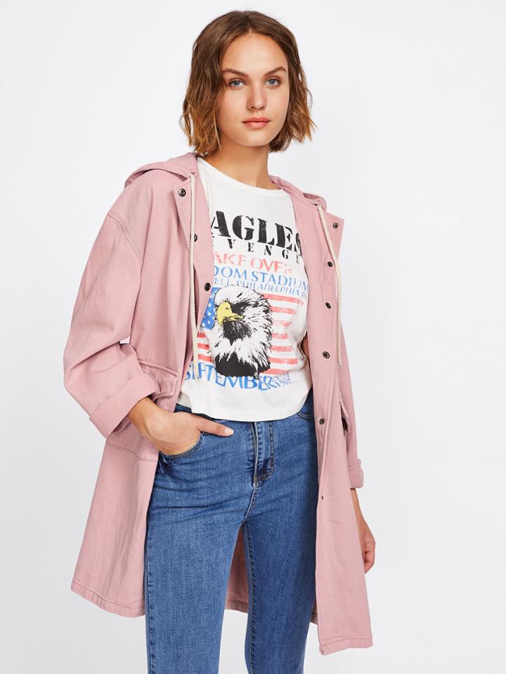 Shein Drop Shoulder Flap Pocket Denim Hoodie Coat