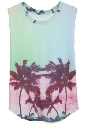 Shein Light Green Gradient Sleeveless Coconut Print T-shirt