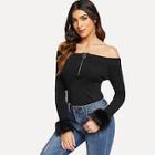 Shein Off Shoulder Contrast Faux Fur Cuff Sweater