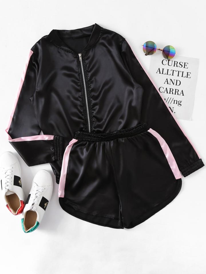 Shein Satin Contrast Panel Side Jacket With Shorts