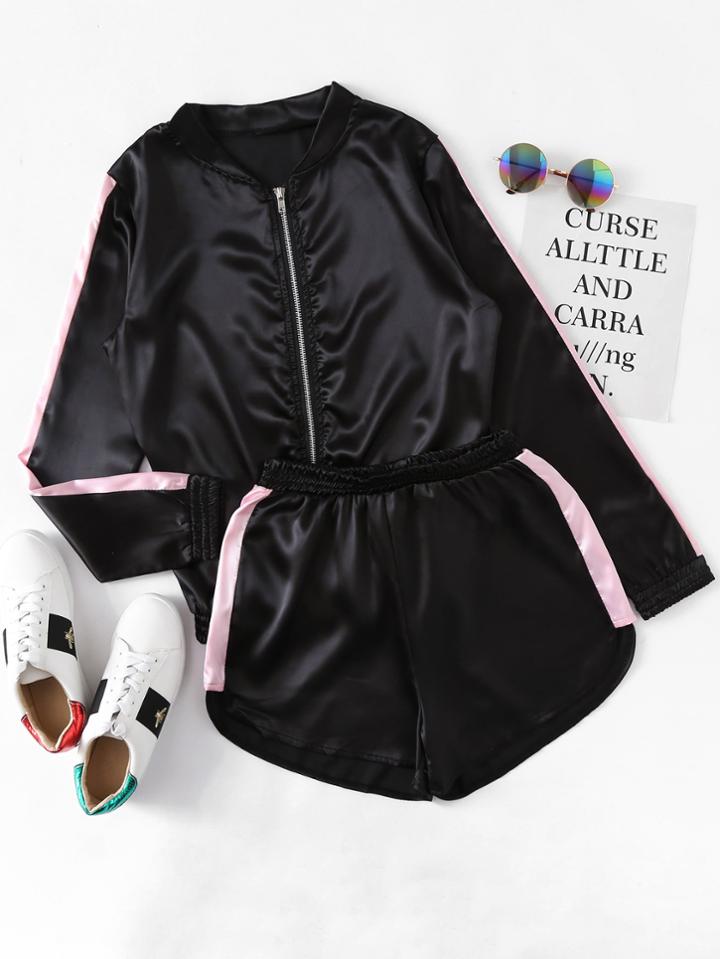 Shein Satin Contrast Panel Side Jacket With Shorts