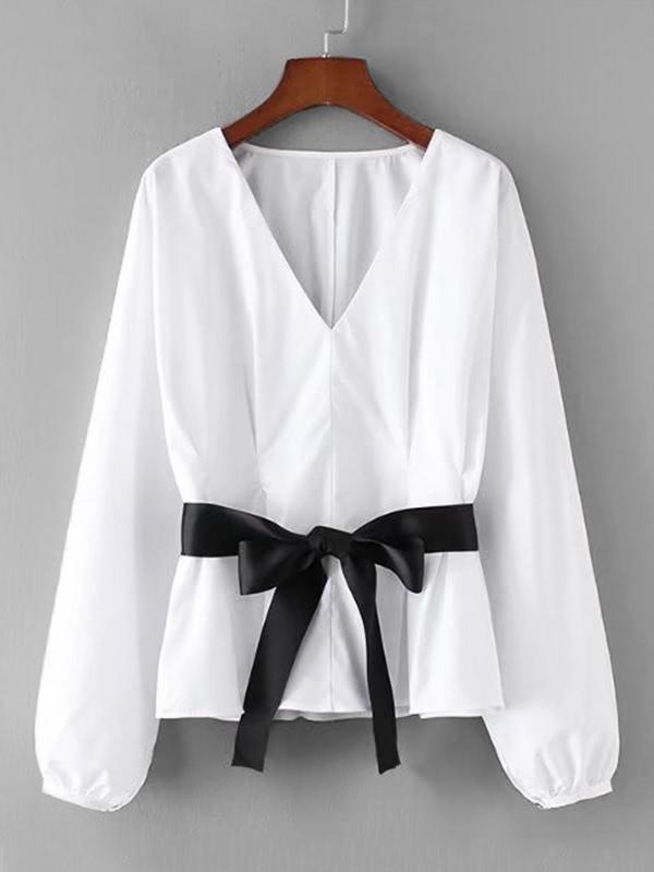 Shein V Neckline Ribbon Tie Blouse