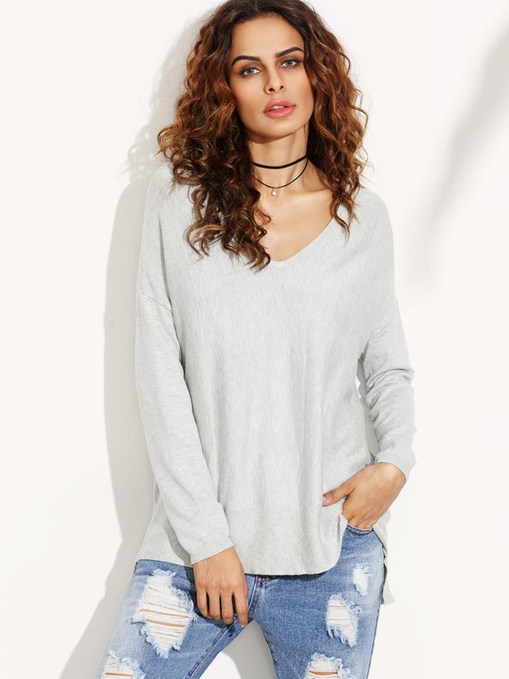 Shein Grey V Neck Drop Shoulder High Low Sweater