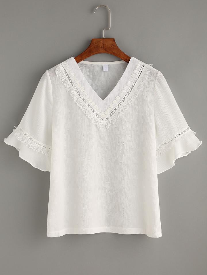 Shein Tassel Trimmed White V Neck Ruffle Sleeve Blouse