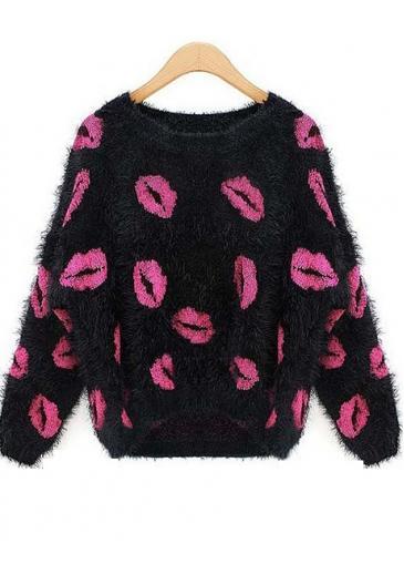 Rosewe Rose Lip Pattern Black Pullovers Sweaters For Women