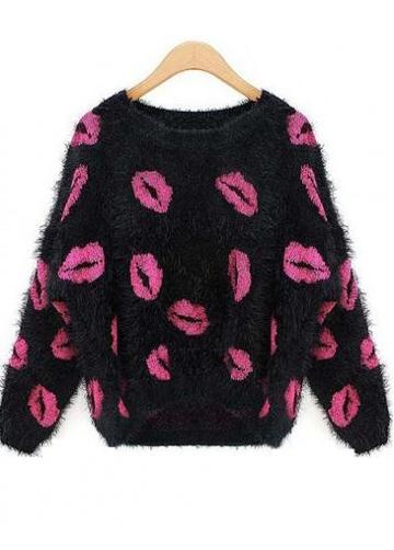 Rosewe Rose Lip Pattern Black Pullovers Sweaters For Women