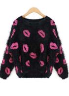 Rosewe Rose Lip Pattern Black Pullovers Sweaters For Women