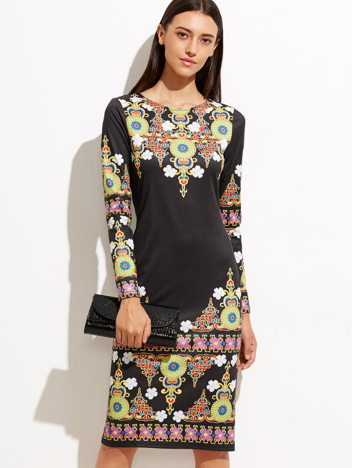 Shein Black Vintage Print Slit Back Sheath Dress
