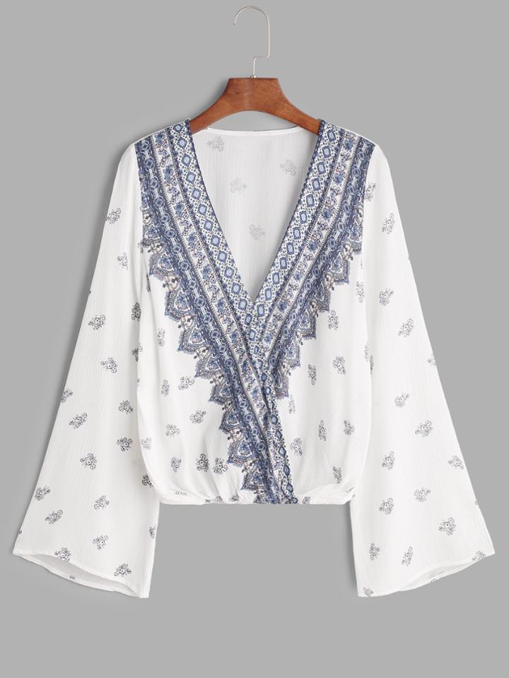 Shein White Vintage Print V Neck Wrap Blouse