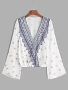Shein White Vintage Print V Neck Wrap Blouse