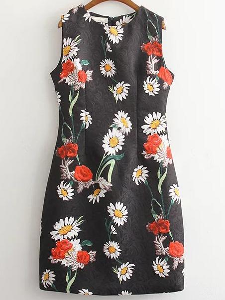 Shein Black Sleeveless Floral Zipper Back Dress