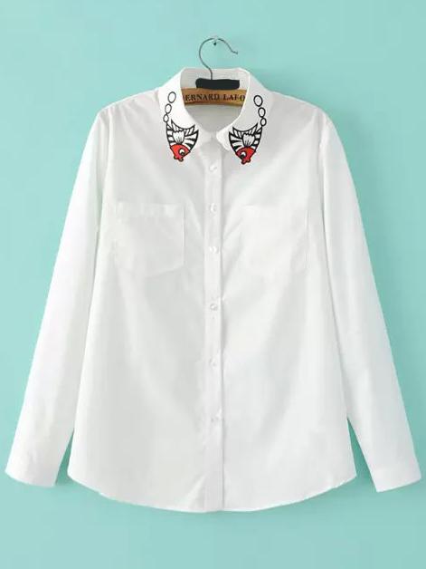 Shein White Embroidered Collar Pockets Loose Blouse