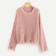 Shein Drop Shoulder Frayed Trim Sweater