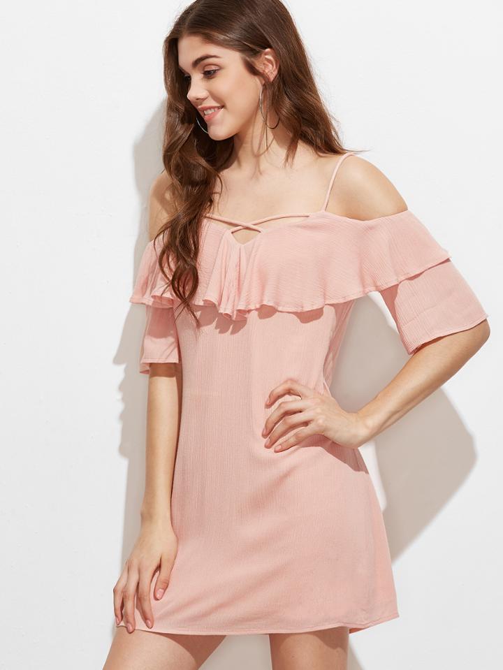 Shein Pink Crisscross Front Ruffle Cold Shoulder Crinkle Dress