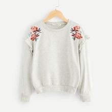 Shein Girls Ruffle Trim Flower Embroidered Pullover