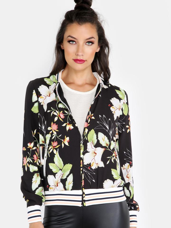 Shein Floral Chiffon Bomber Jacket Black