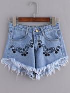 Shein Blue Frayed Embroidered Denim Shorts