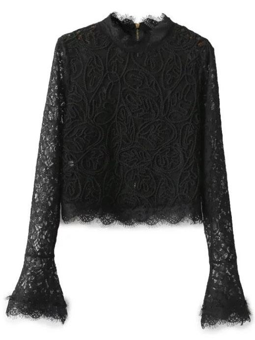 Shein Black Bell Cuff Zipper Back Lace Blouse