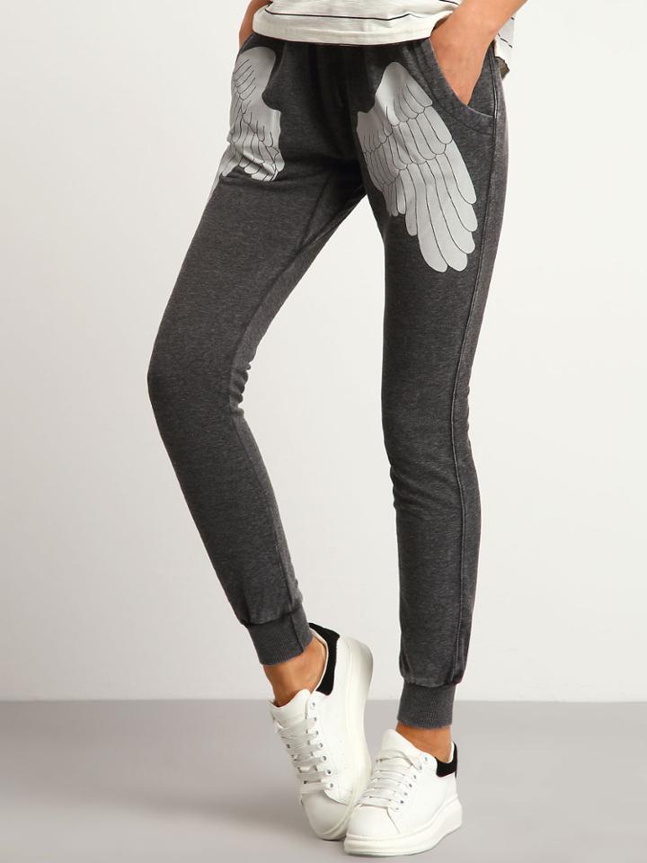 Shein Grey Drawstring Wings Print Pant