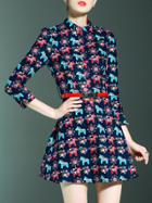 Shein Navy Horses Print Belted Dress