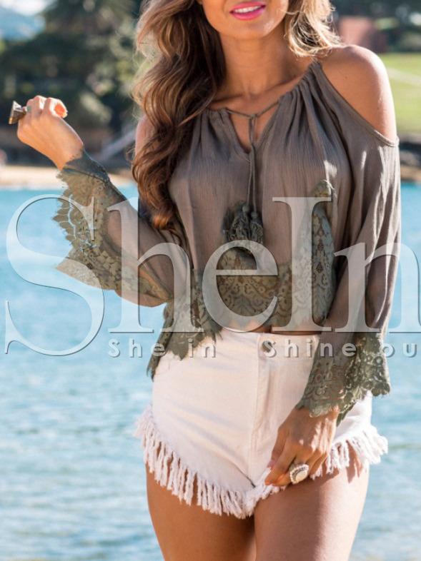 Shein Coffee Off The Shoulder With Lace Blouse