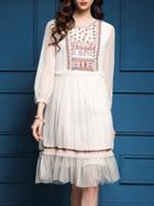 Shein Beige Sheer Tribal Embroidered Pleated Dress