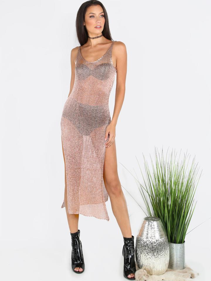 Shein Low Back Metallic Slit Dress Rose Gold