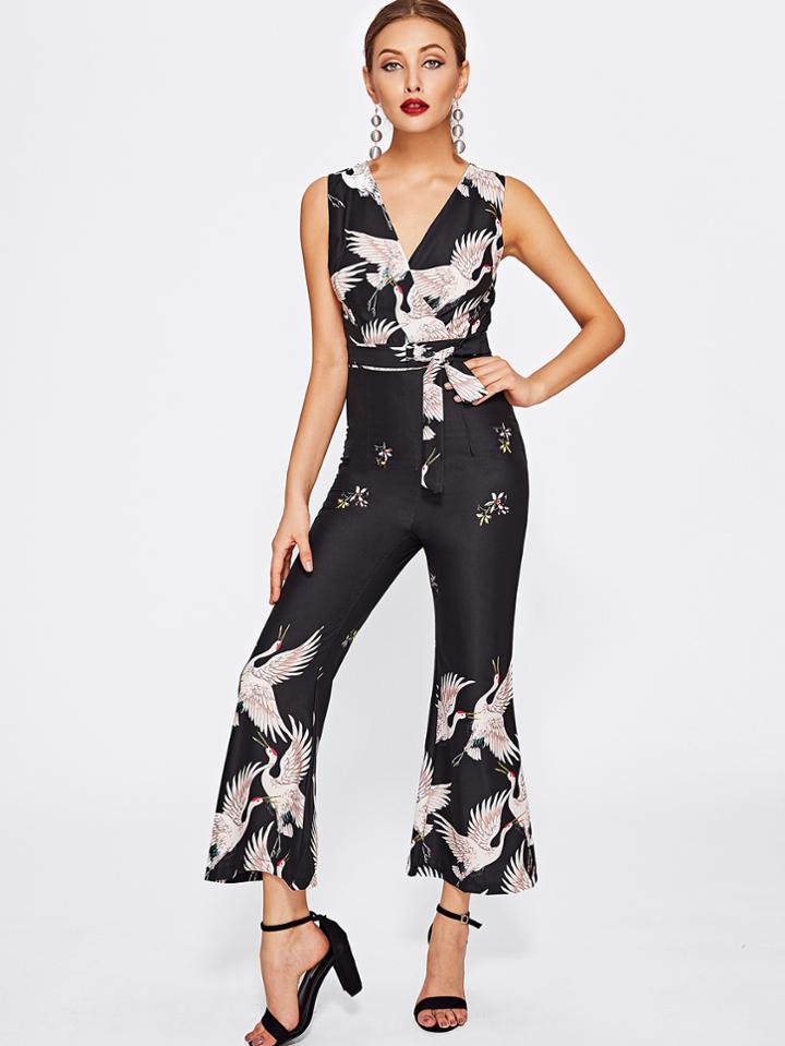 Shein Crane Print Tie Waist Jumpsuit
