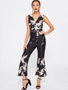 Shein Crane Print Tie Waist Jumpsuit