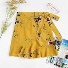 Shein Knot Side Floral Print Ruffle Hem Skirt