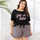 Shein Plus Slogan Print Tee & Striped Shorts Pj Set