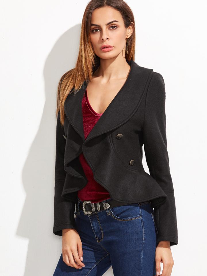 Shein Black Shawl Collar Double Breasted Ruffle Blazer