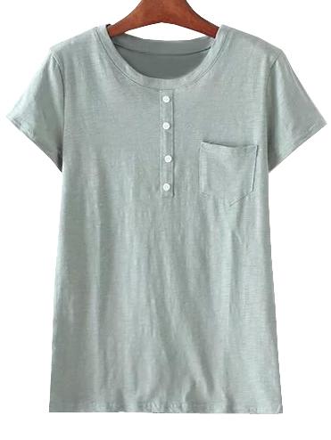 Shein Green Buttons Pocket Casual T-shirt