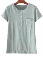 Shein Green Buttons Pocket Casual T-shirt