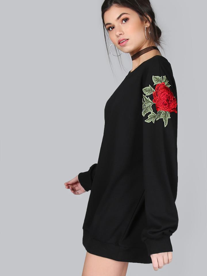Shein Embroidered Roses Longline Sweater Black