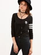 Shein Black Varsity Striped Sleeve T-shirt With Alien Patch