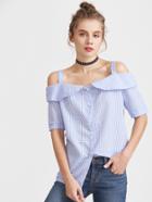 Shein Blue Gingham Plaid Cold Shoulder Top