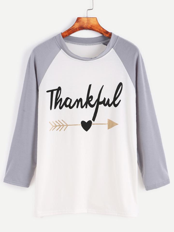 Shein Letter Print Dip Hem Contrast Raglan Sleeve T-shirt