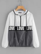 Shein Zip Front Love Print Windbreaker Hoodie Jacket