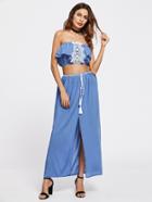 Shein Contrast Lace Flounce Layered Bandeau Top With Split Skirt