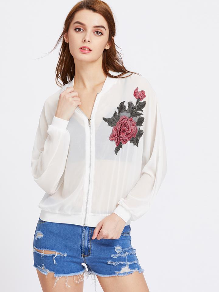 Shein Embroidered Appliques Sheer Mesh Jacket