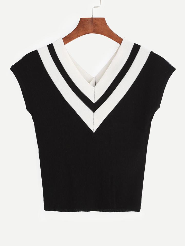 Shein Contrast V Neck Knit Sleeveless Top