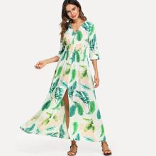 Shein Shirred Waist Button Up Tropical Dress