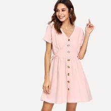 Shein Knot Button V Neck Dress