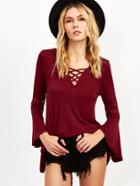 Shein V Neck Criss Cross Bell Sleeve Lace Insert T-shirt