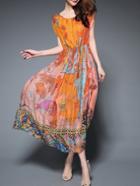 Shein Orange Round Neck Sleeveless Map Print Dress