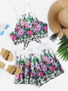Shein Crisscross Tie Back Floral Cami And Shorts Co-ord