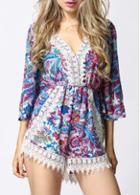Rosewe Plunging Neck Lace Patchwork Printed Boot Cut Romper