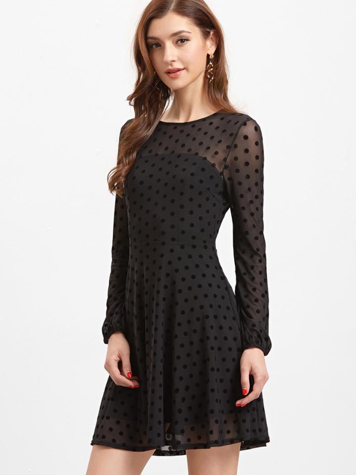 Shein Black Sheer Sleeve Polka Dot Mesh Skater Dress